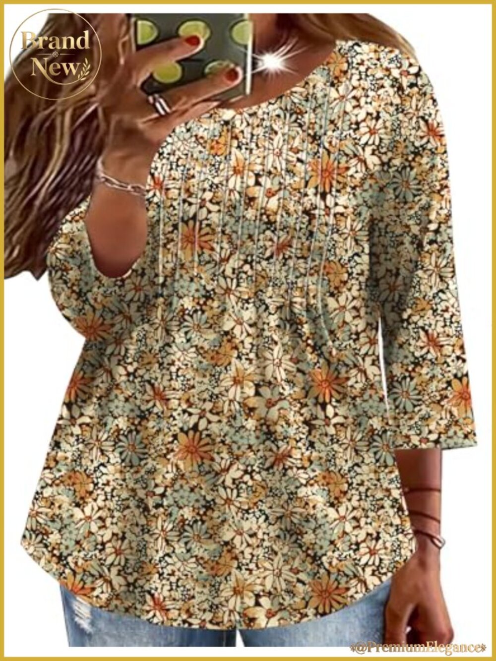 Women's Plus Size 3/4 Sleeve Tunic Blouse Pleated Crew Neck Casual Top